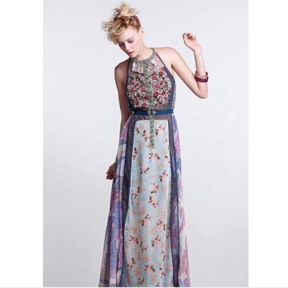 ANTHROPOLOGIE Byron Lars Wilderflora Patchwork Blue Floral Maxi Dress 2 - Picture 7 of 12